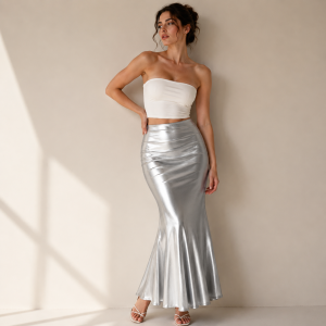 Falda maxi satinada plateada