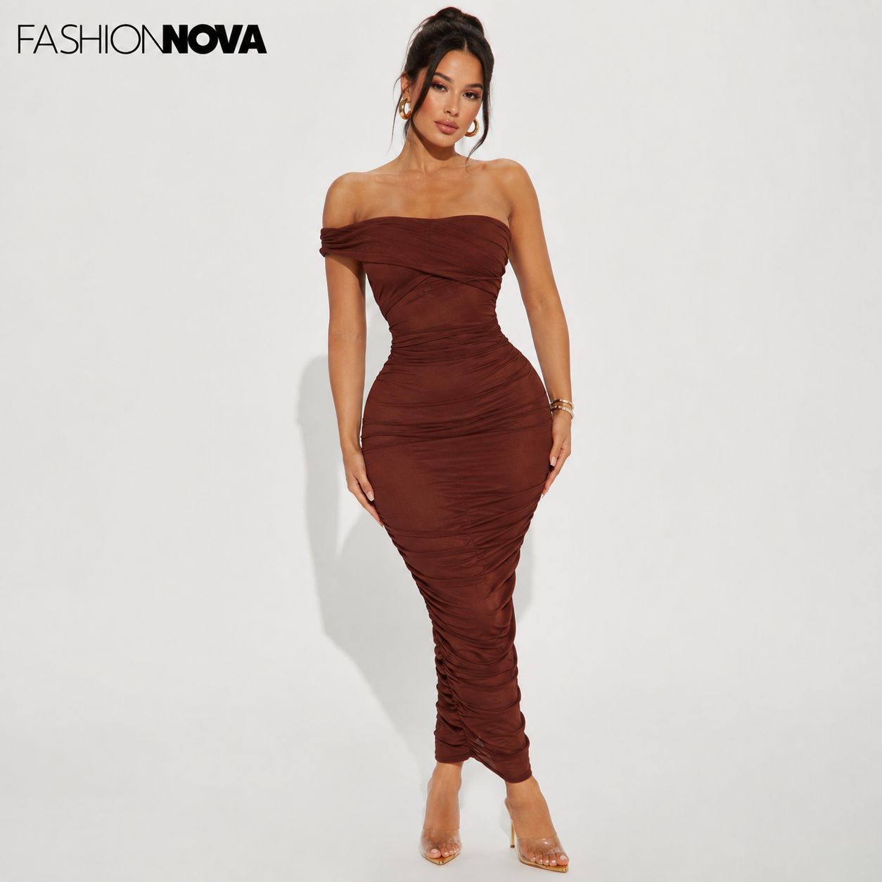 Vestido drapeado asimétrico color chocolate